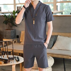DY22*2021夏季男士棉麻短袖T恤套装大短裤两件套装男 灰蓝 * P38图片
