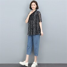 2022夏季新款文艺时尚印花牛仔套装显瘦修身气质女装两件套，女装套装/套裙，依恋蒂丝
