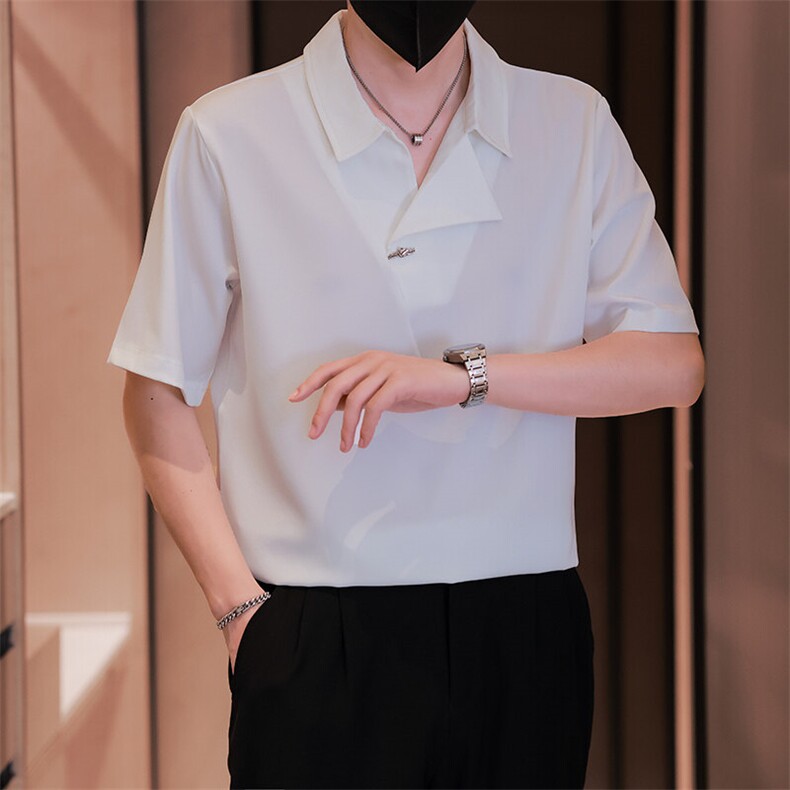 小伙立领纯色衬衫男休闲宽松风刺绣衬衣轻熟风A236-82578-P45图片