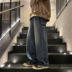 美式复古牛仔裤宽松直筒裤男潮牌工装做旧休闲长裤子N05099-P45，男装牛仔裤，星座308B-1