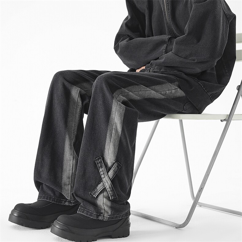现货秋冬黑色渐变直筒宽松设计感拼接绑带XX牛仔裤男K918-P50,男装牛仔裤,星座205