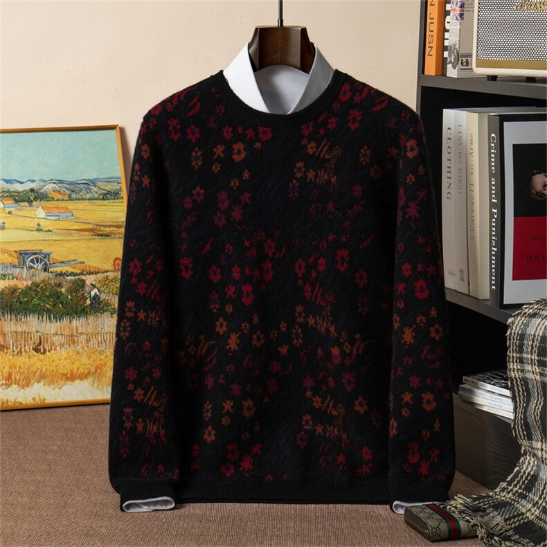 2025年秋季新款百搭印花长袖圆领套衫，男装羊绒套衫，星纬羊绒