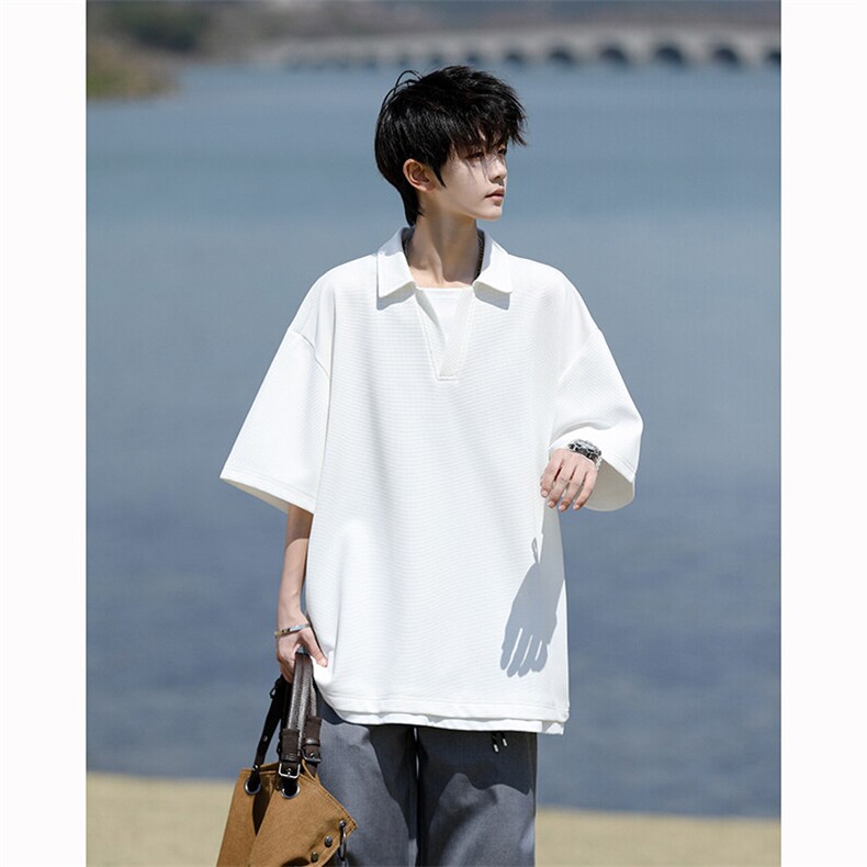 8XL-M假两件V领短袖t恤男夏翻领半袖宽松重磅华夫格大码DT001P40,男装T恤,电商B312