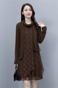 2020冬季新款蕾丝拼接网纱袖中长款加绒宽松打底连衣裙（配围巾)图片