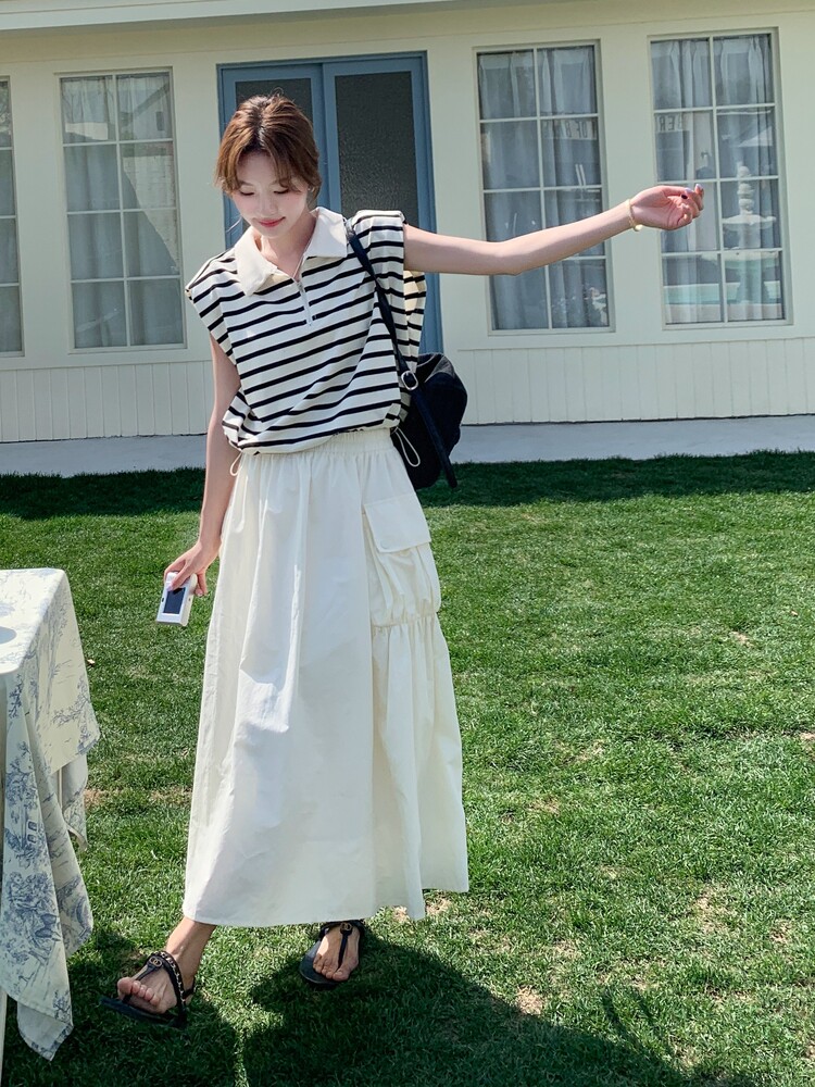 韩系休闲减龄穿搭一整套2025夏季新款超好看条纹背心半身裙两件套,女装套装/套裙,慧尚2-185