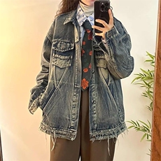 美式高街解构牛仔外套春秋季水洗做旧潮牌复古小众毛边工装夹克，男装工装外套，星座506A
