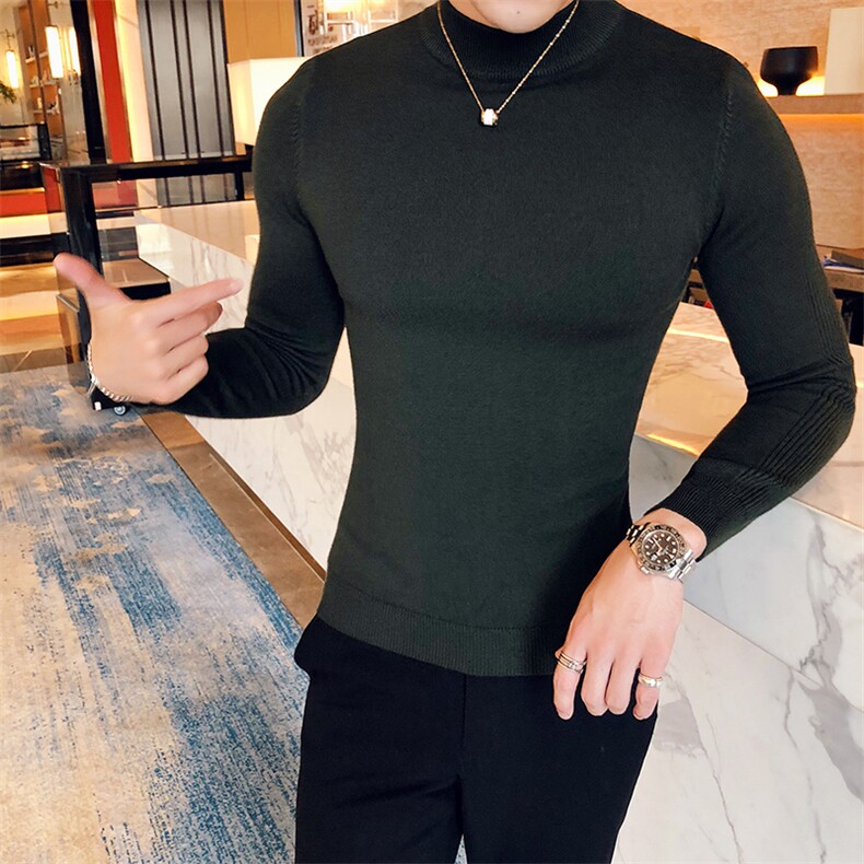 M07/p45半高领毛衣男秋冬休闲纯色修身长袖中领针织打底衫线衣,男装针织衫/毛衣,电商D303