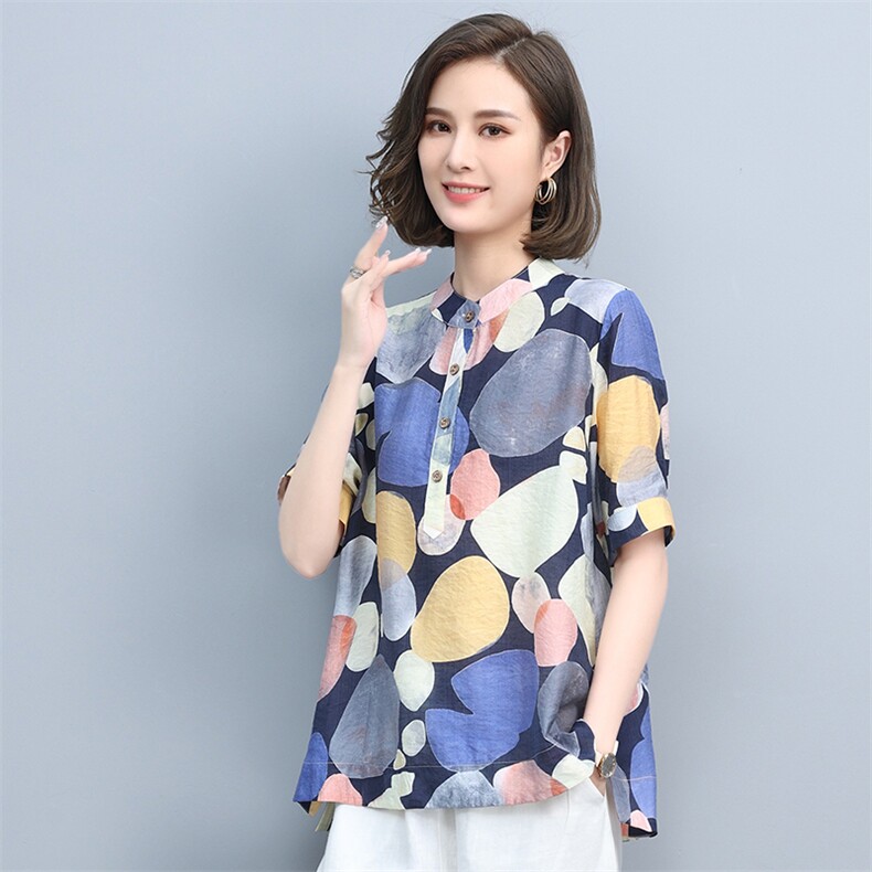 2021夏季新款简约时尚气质圆领几何图案宽松休闲舒适上衣,女装T恤,悦见她