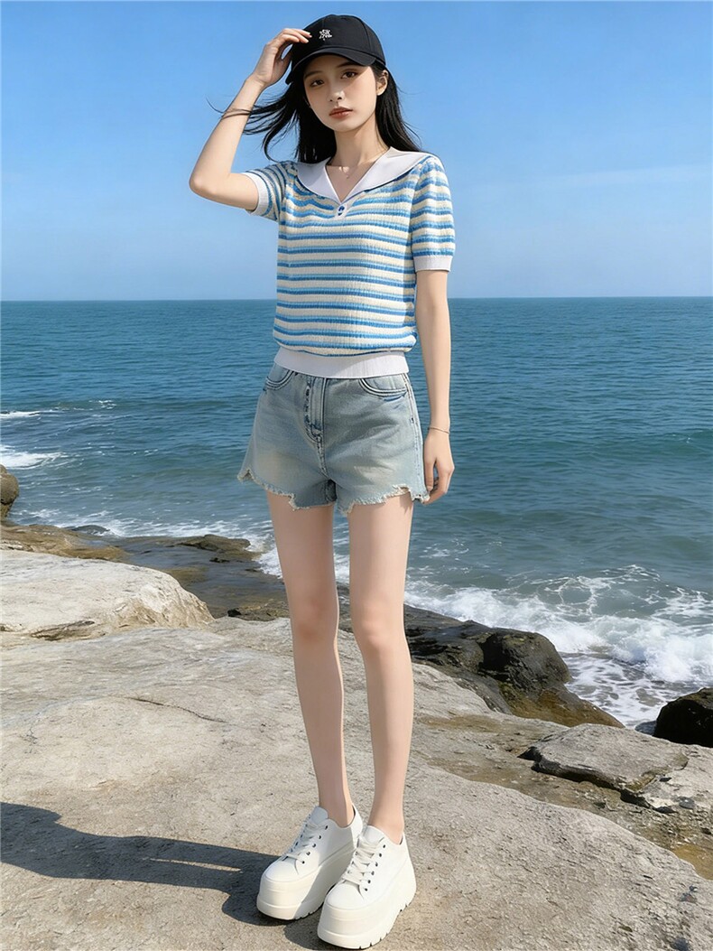 时尚简约套装女夏季新款洋气减龄蓝色翻领条纹上衣牛仔短裤两件套,女装套装/套裙,江南