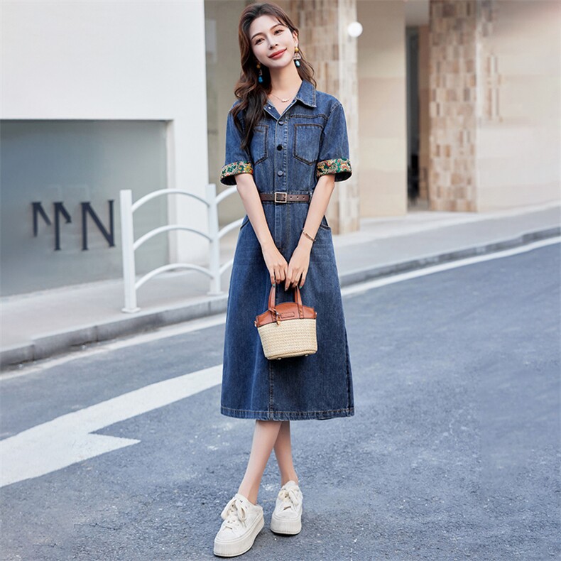 时尚减龄中式牛仔裙衬衫领收腰舒适牛仔长裙连衣裙女夏款,女装连衣裙,丽影随形