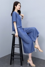 牛仔天丝阔腿裤套装夏大码遮肚显瘦妈妈休闲宽松洋气减龄薄款，女装套装/套裙，魅影