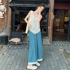 流苏边上衣蕾丝拼接牛仔阔腿裤两件套女夏季搭配长裤甜美无袖套装，女装套装/套裙，2C375