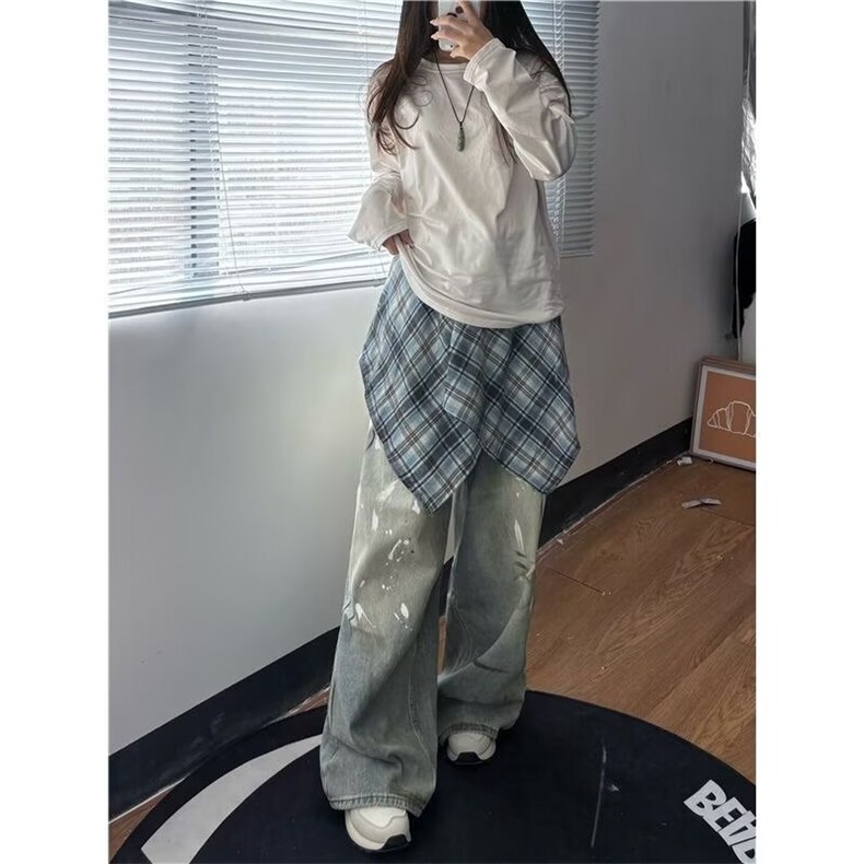 美式复古磨破做旧水洗蓝牛仔裤男款秋季cleanfit休闲宽松阔腿长裤,男装牛仔裤,星座506A