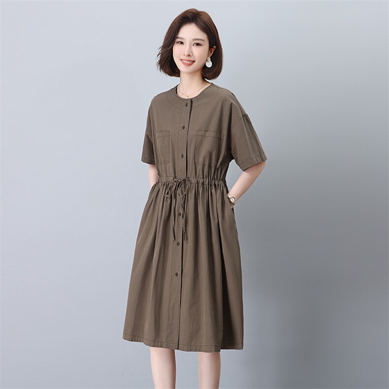 纯棉连衣裙女2024新款夏季圆领宽松妈妈好看休闲连衣裙,女装连衣裙,玛其路