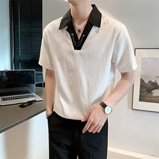 撞色翻领短袖T恤男夏季黑色五分袖休闲POLO衫宽松上衣T388配链条，男装T恤，星座1116A-2（原606A-1）