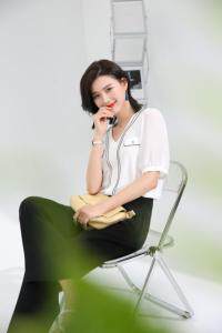 2021夏装新款针织拼雪纺上衣短袖，女装，秋子丰色(1F)