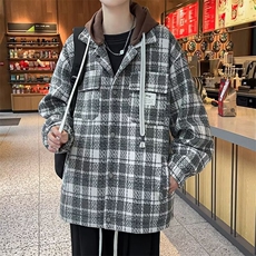 假两件外套男冬季加绒加厚格子夹克男连帽秋冬款上衣服毛呢W64，男装夹克，星座1116A-1（原606A）