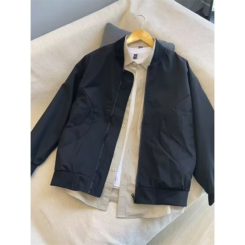 简约宽松型方领春季长袖常规款卡其色飞行员夹克外套男W6352-P43图片