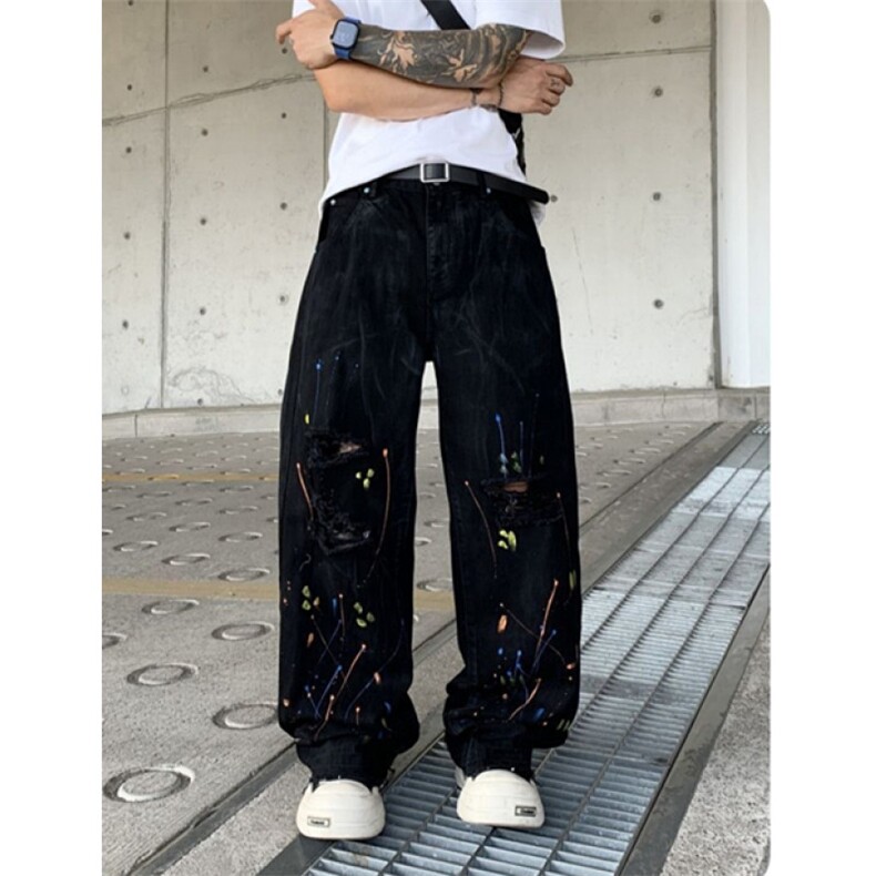 阔腿直筒裤子时尚白色泼墨破洞牛仔裤男涂鸦休闲裤子K8072,男装牛仔裤,星座1116A（原606A-3）