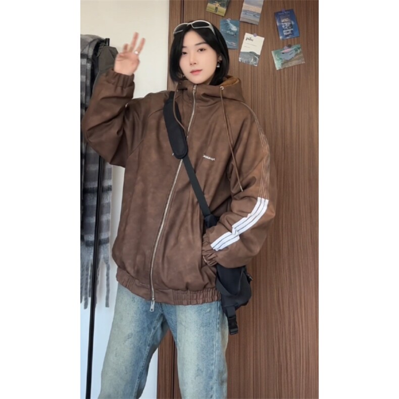 数据美式连帽百搭美拉德三条杠皮衣羊羔绒内胆MF1012 P100图片