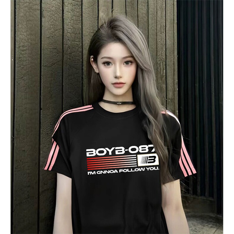 抖音得物品质二开240克宽松纯棉美式潮牌印花三条杠中性风短袖T恤,男装T恤,电商A486