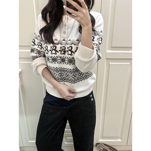 重磅秋冬装北极绒套头毛衣美式复古休闲慵懒风提花工艺针织衫外套,女装冬装橱窗色彩搭配图片