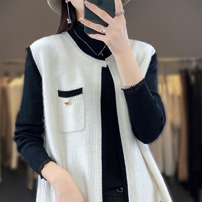 百搭小香风V领毛衣开衫马甲女春秋新款宽松显瘦无袖针织背心外套,女装马甲,宋氏羊绒