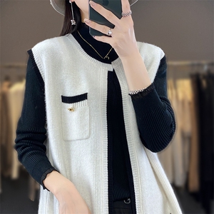 百搭小香风V领毛衣开衫马甲女春秋新款宽松显瘦无袖针织背心外套图片