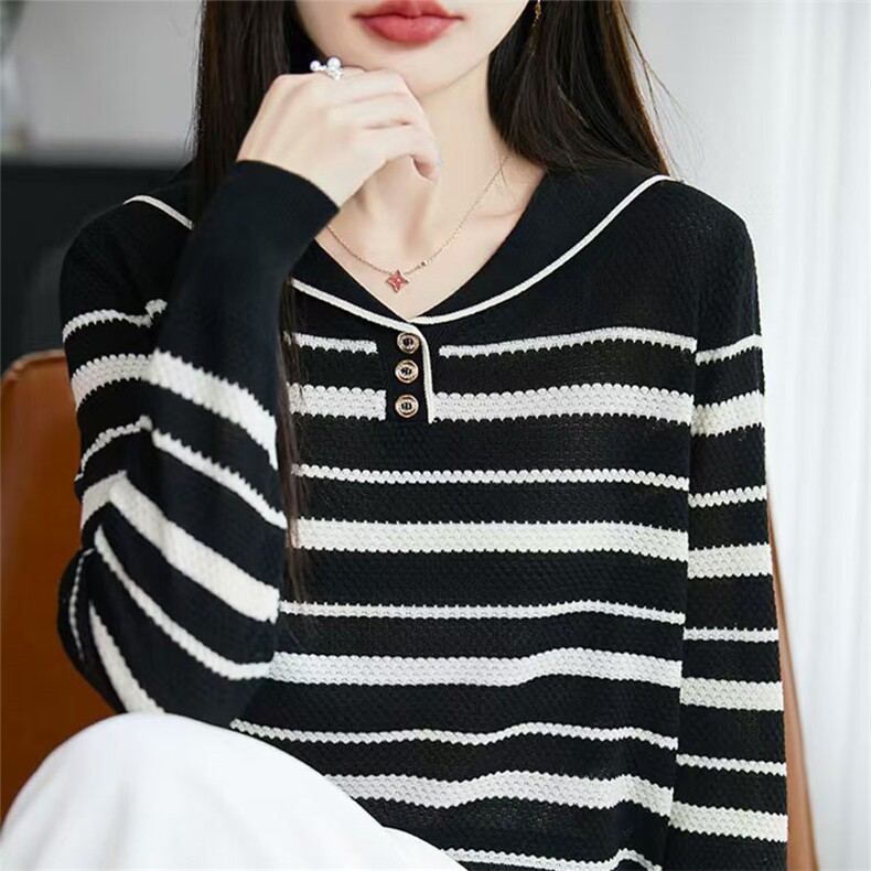 菠萝针时尚百搭条纹拼色海军领长袖针织衫女宽松慵懒可外穿上衣,女装T恤,萱芳婷羊绒