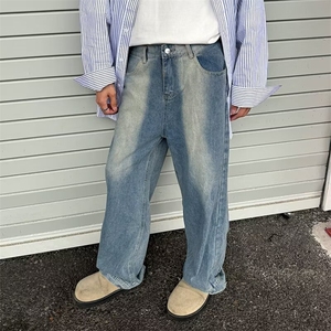 美式复古水洗倒装阔腿牛仔裤男女新款夏宽松潮牌直筒裤NA2155-p50