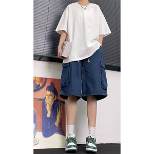 美式复古七分工装牛仔短裤日系cityboy廓形大码oversize图片