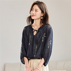 2026春秋季苎麻时尚简约大方气质优雅刺绣休闲透气衬衫，女装衬衫，独衣靓