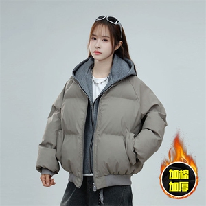 现货高品质重磅工艺美式高街假两件PU皮棉衣男女加厚棉服外套图片