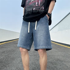 美式阔腿牛仔裤春夏款男休闲宽松直筒抽绳短裤百搭高街潮D3#-P40，男装牛仔裤，电商A178