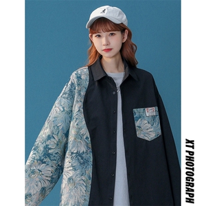 1中性风花型拼接大码M-5XL情侣女潮长袖衬衫男CS7714P60控88图片