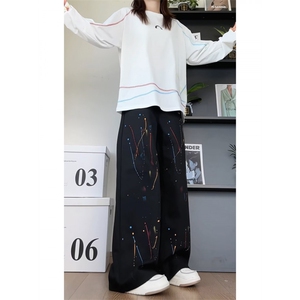 白色泼墨涂鸦牛仔裤男女款秋季显腿长提档微喇裤子美式高街直筒裤图片