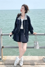 韩系chic穿搭蓝色上衣套装女春秋超火好看高级小众半身短裙两件套，女装运动套装，浙宝285（原212）
