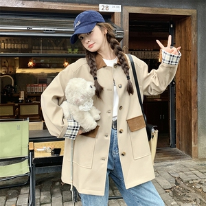 卡其色休闲流行风衣外套女2025年春秋季新款设计感撞色英伦风大衣图片