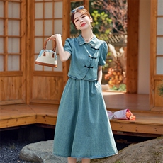 新中式国风牛仔套装女2024夏季新款复古气质盘扣上衣半身裙两件套，女装套装/套裙，依路服饰