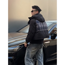 B09/P108控148冬季复古撞色蓝白格纹连帽短款设计棉服男黑首1，男装棉衣，星座305B