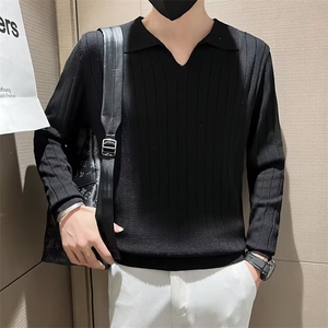翻领针织套头春秋时尚男装线衣条纹韩版修身复古毛衣外套男 S522图片