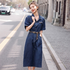 现货2023时尚牛仔连衣裙韩版配腰带时尚修身中长款，女装连衣裙，钱塘布衣