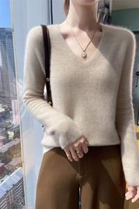24秋冬新款毛衣女士100羊毛V领时尚套头羊毛针织打底衫上衣图片