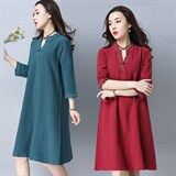 连衣裙优雅韩版纯色气质宽松腰套头2021年夏季七分袖中长款，女装连衣裙，奕阳依阁