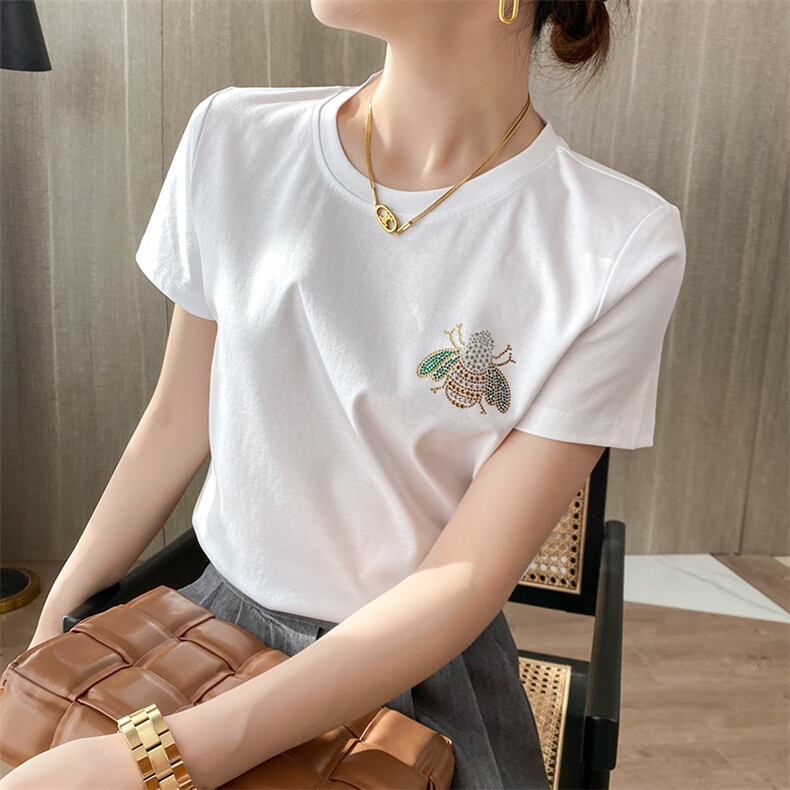 纯棉T恤女130支双面丝光棉短袖圆领宽松大码夏百搭烫钻，女装T恤，元素羊绒