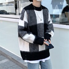 2023秋季韩版宽松圆领套头毛衣百搭休闲拼色格子针织衫M687-P55，男装针织衫/毛衣，星座512-2