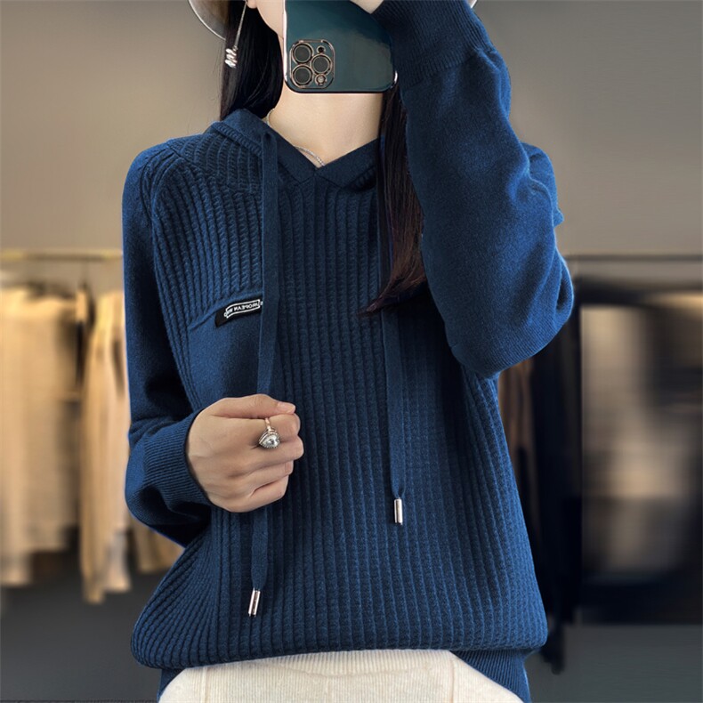 时尚百搭绿色针织帽衫修身显瘦长袖毛衣舒适保暖女款外套,针织衫/毛衣,大美人包芯纱店