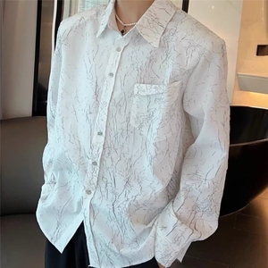 小众解构肌理感裂纹垫肩花衬衫男韩版雅痞高级感宽松衬衣C328/P35图片