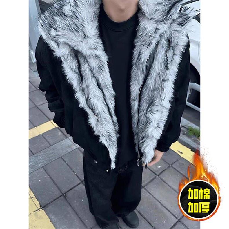 现货高品质美式高街重磅狼王座山雕毛毛领假两件棉衣加厚棉服外套，男装棉衣，电商A486-1