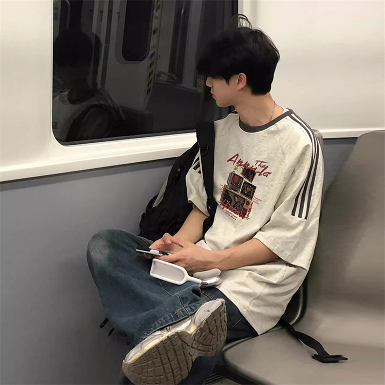 夏季美式高街重磅纯棉三条杠织带撞色男女短袖T恤ZD350-特P30,男装T恤,电商A486